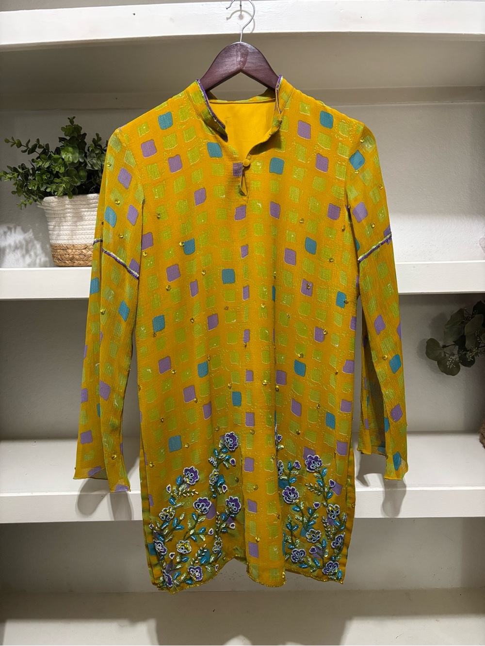 Yellow Embroidered Floral Tunic Dress